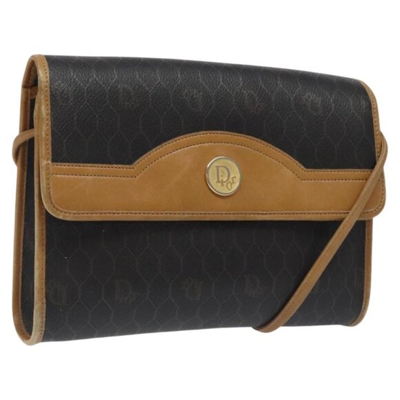 Christian Dior Honeycomb Canvas Shoulder Bag PVC Black Gold Auth - Picture 1 of 15